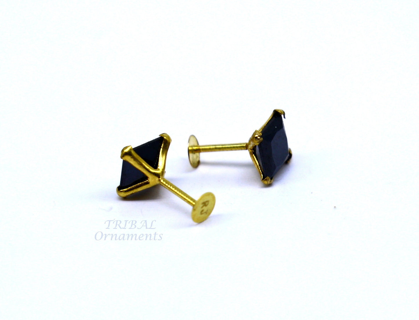 5mm 18kt yellow gold handmade single black stone back screw stud earring cartilage customized unisex jewelry er140 - TRIBAL ORNAMENTS