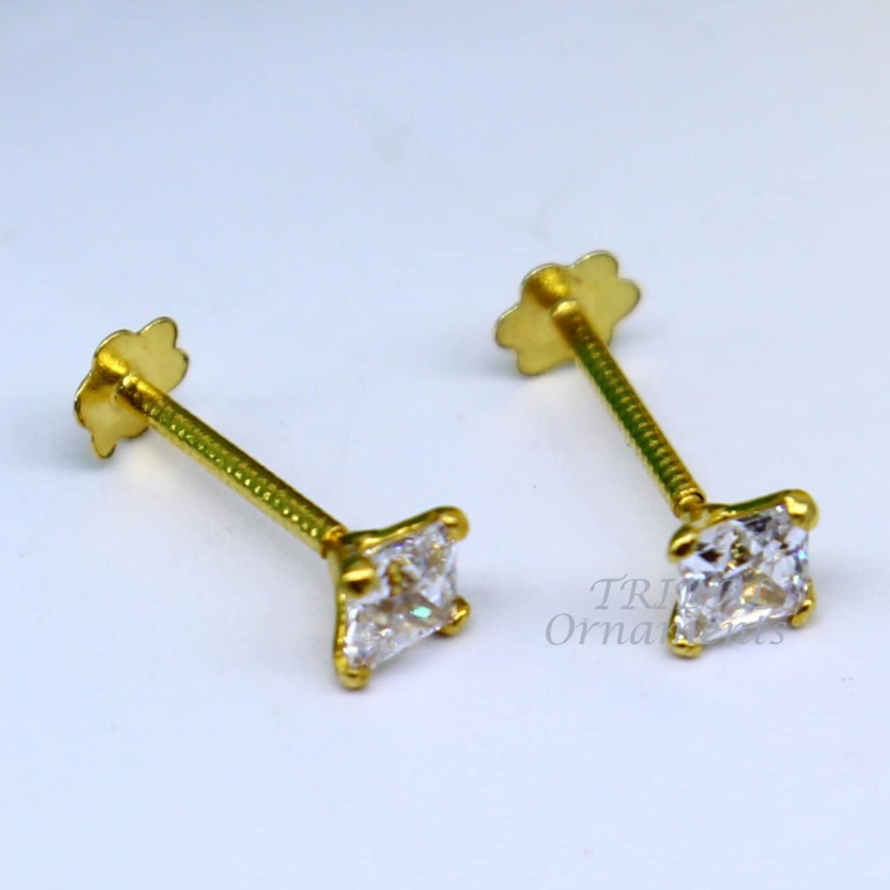 3mm 18kt yellow gold handmade single white stone back screw square shape stud earring cartilage customized unisex jewelry er144 - TRIBAL ORNAMENTS
