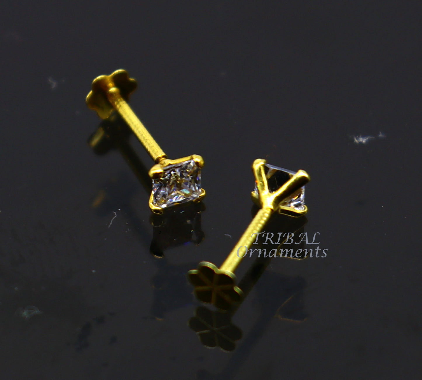 3mm 18kt yellow gold handmade single white stone back screw square shape stud earring cartilage customized unisex jewelry er144 - TRIBAL ORNAMENTS