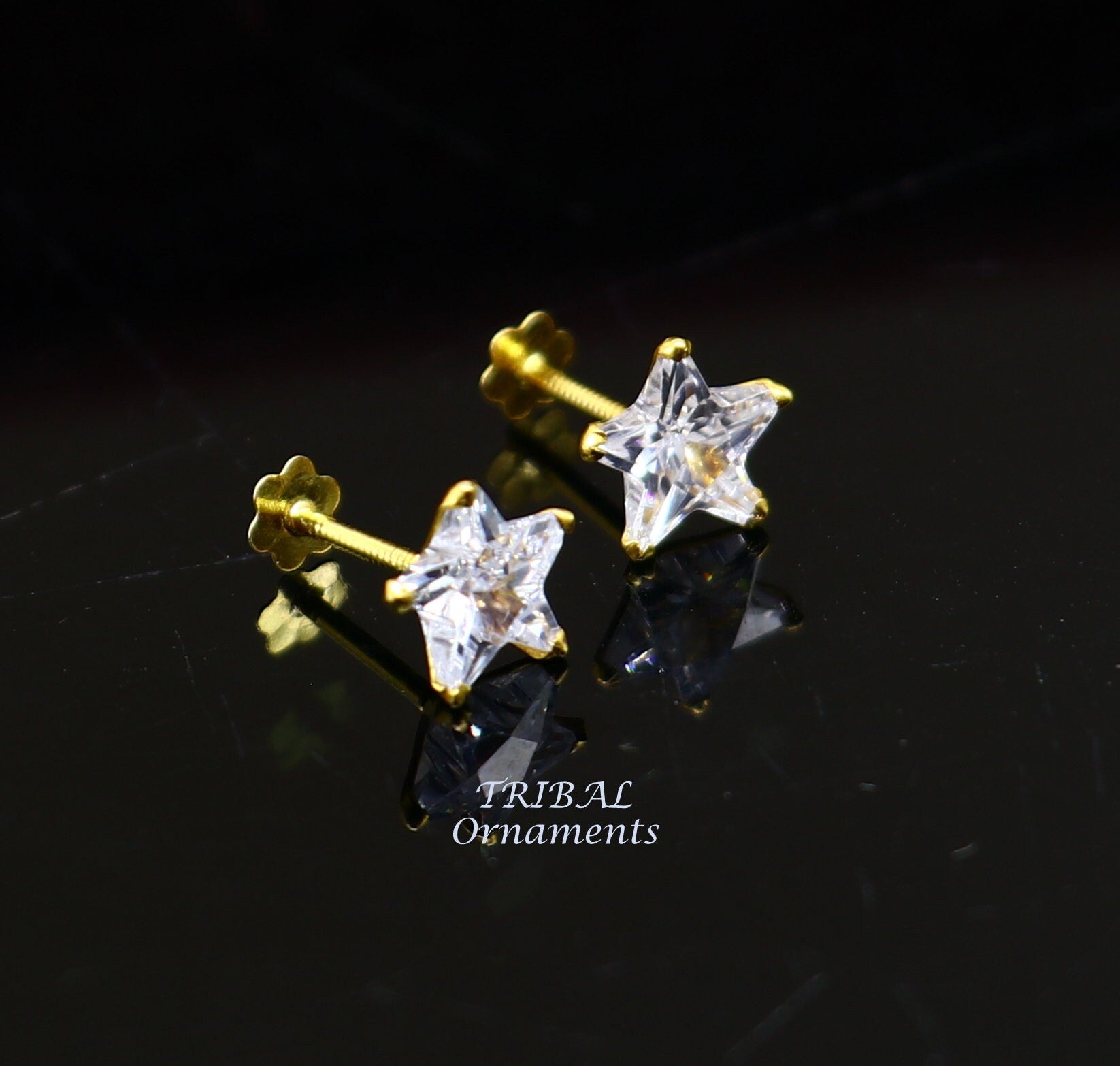 6mm 18kt yellow gold handmade single cubic zircon stone back screw star shape stud earring cartilage customized unisex jewelry er145 - TRIBAL ORNAMENTS