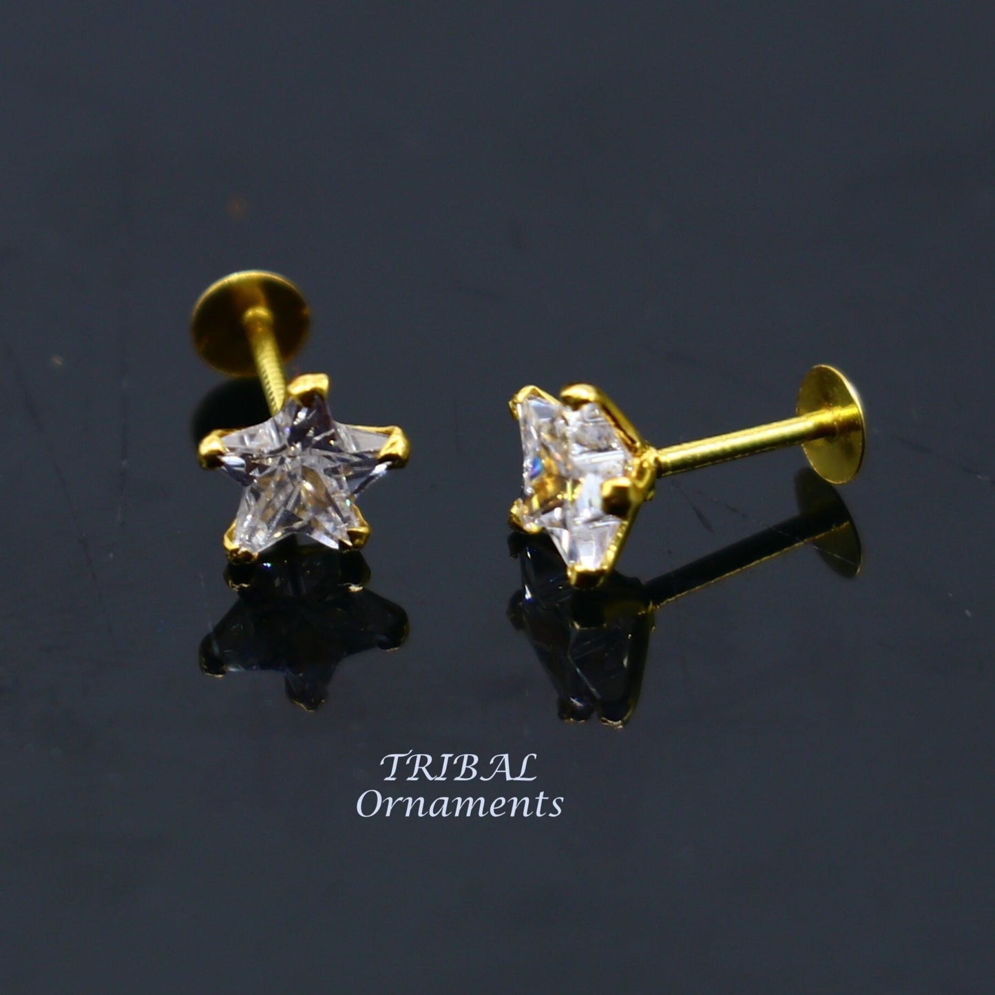 5mm 18kt yellow gold handmade single cubic zircon stone back screw star shape stud earring cartilage customized unisex jewelry er146 - TRIBAL ORNAMENTS