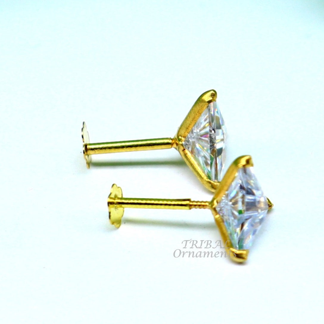 6mm 18kt yellow gold handmade single stone Triangle shape stud earring cartilage earring customized unisex screw back stud jewelry er147 - TRIBAL ORNAMENTS