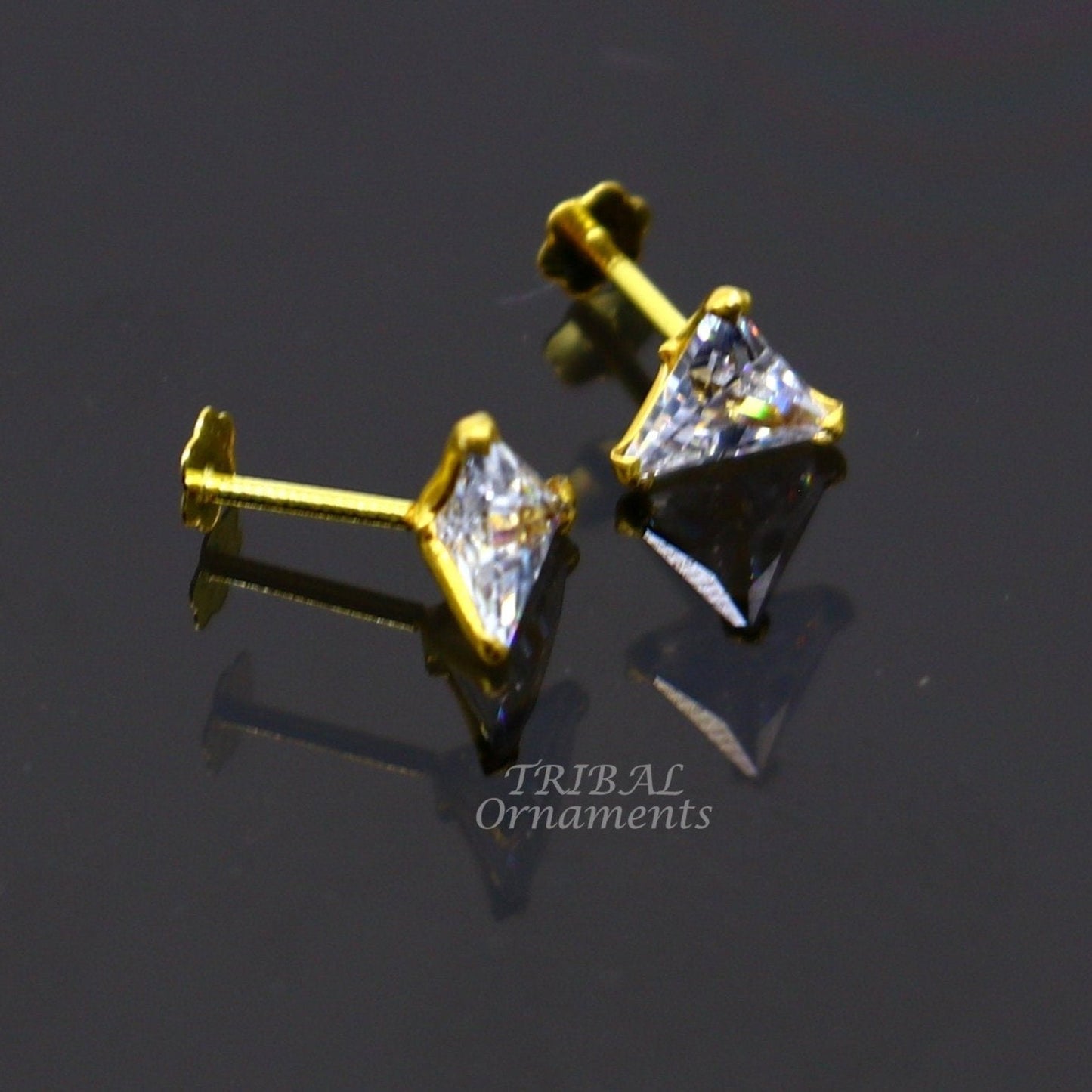 5mm 18kt yellow gold handmade single stone Triangle shape stud earring cartilage earring customized unisex screw back stud jewelry er148 - TRIBAL ORNAMENTS