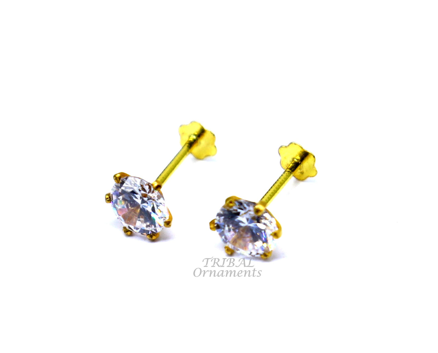 5mm 18kt yellow gold handmade single stone round shape stud earring cartilage earring customized unisex screw back stud jewelry er149 - TRIBAL ORNAMENTS