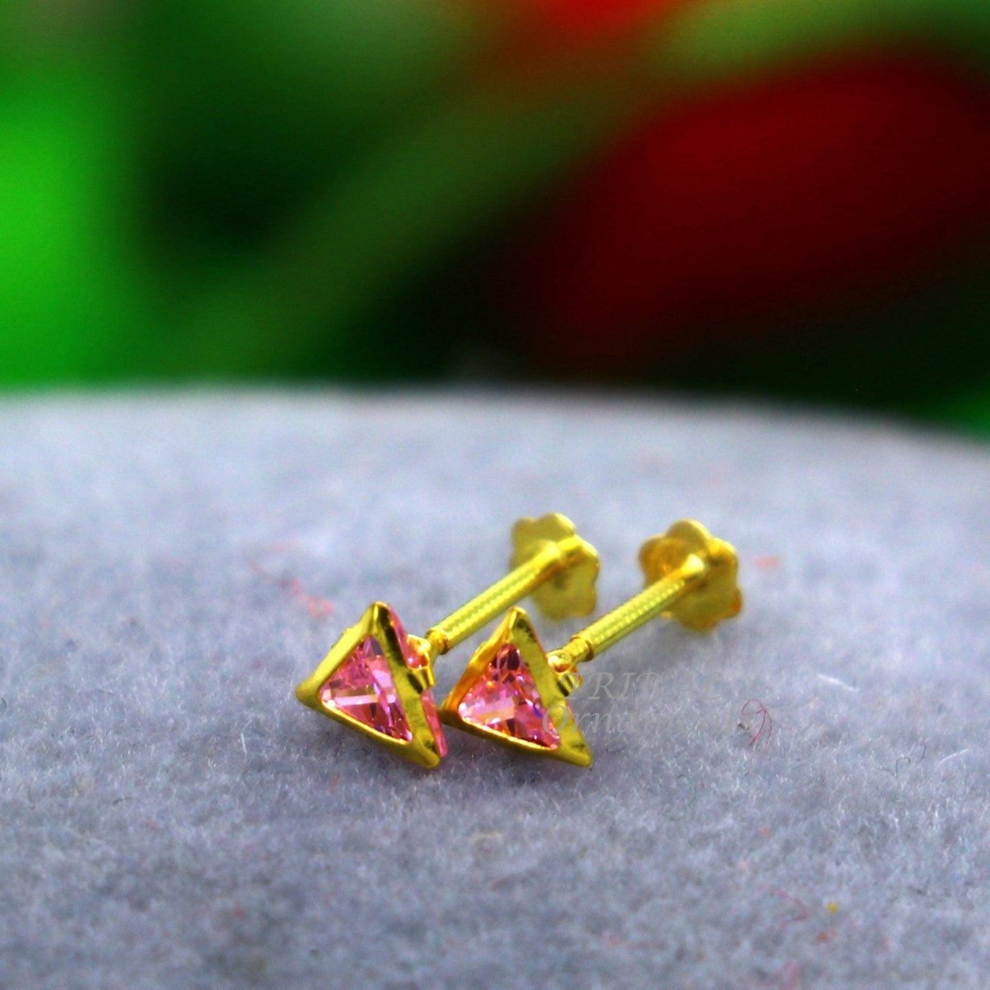 4mm 18kt yellow gold handmade single Pink stone Triangle shape stud earring cartilage earring customized unisex screw back jewelry er153 - TRIBAL ORNAMENTS