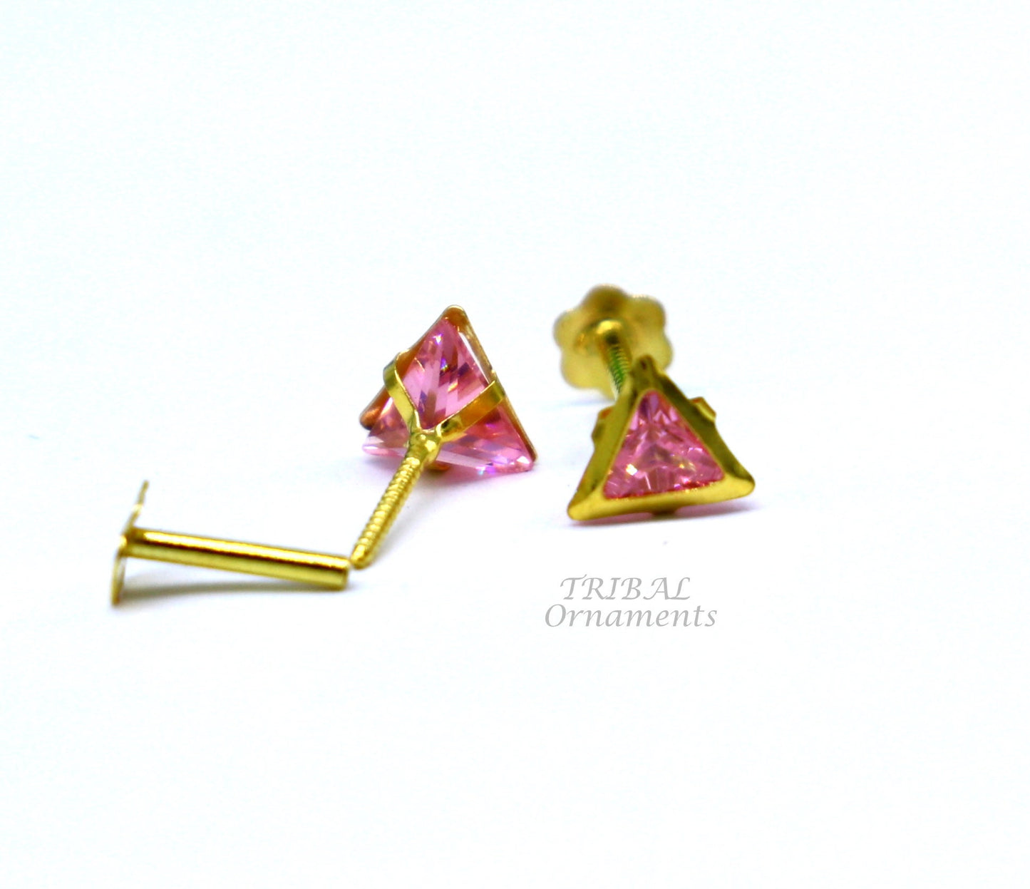 4mm 18kt yellow gold handmade single Pink stone Triangle shape stud earring cartilage earring customized unisex screw back jewelry er153 - TRIBAL ORNAMENTS