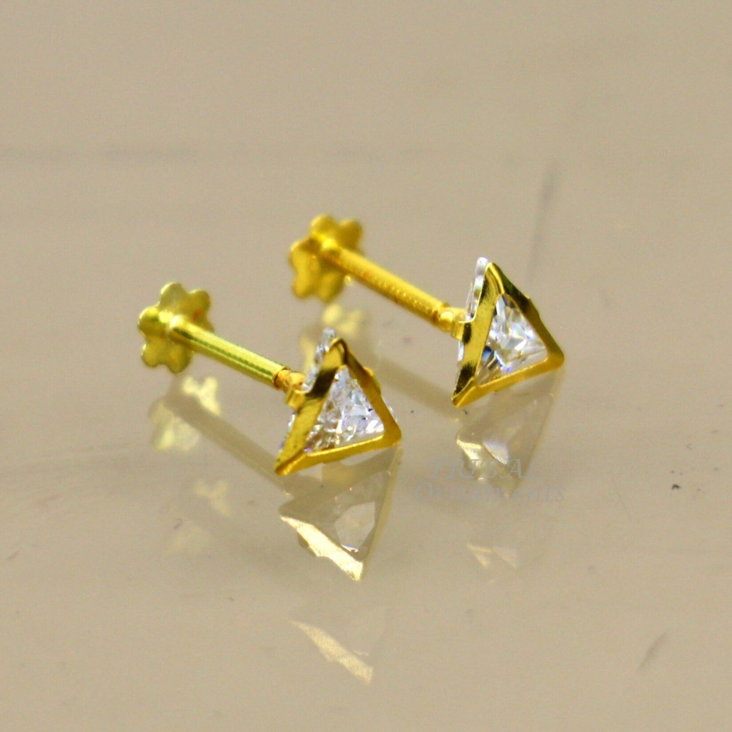 4mm 18kt yellow gold handmade single stone Triangle shape stud earring cartilage earring customized unisex screw back jewelry er154 - TRIBAL ORNAMENTS