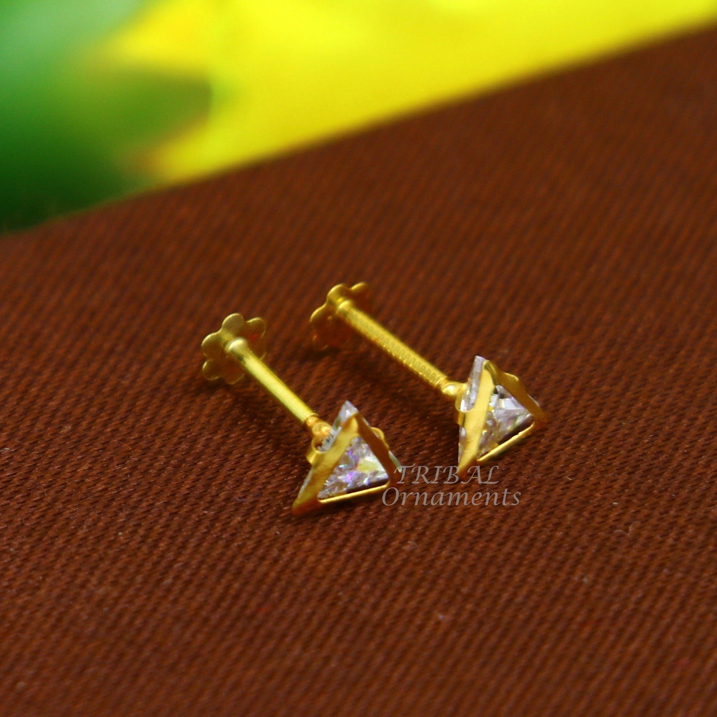 4mm 18kt yellow gold handmade single stone Triangle shape stud earring cartilage earring customized unisex screw back jewelry er154 - TRIBAL ORNAMENTS