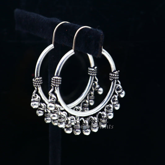 925 sterling silver handmade hoop earring, fabulous Bali, hanging bells, hook, hoop gifting gorgeous tribal customized jewelry s1037 - TRIBAL ORNAMENTS