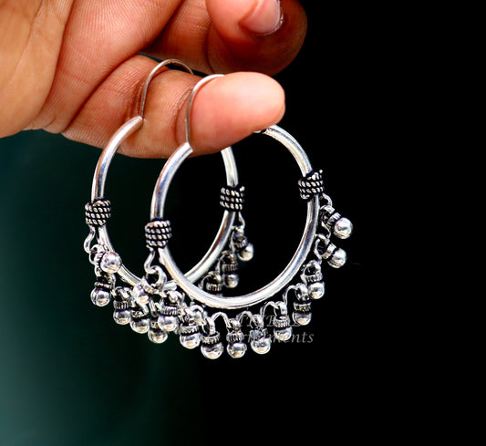 925 sterling silver handmade hoop earring, fabulous Bali, hanging bells, hook, hoop gifting gorgeous tribal customized jewelry s1037 - TRIBAL ORNAMENTS