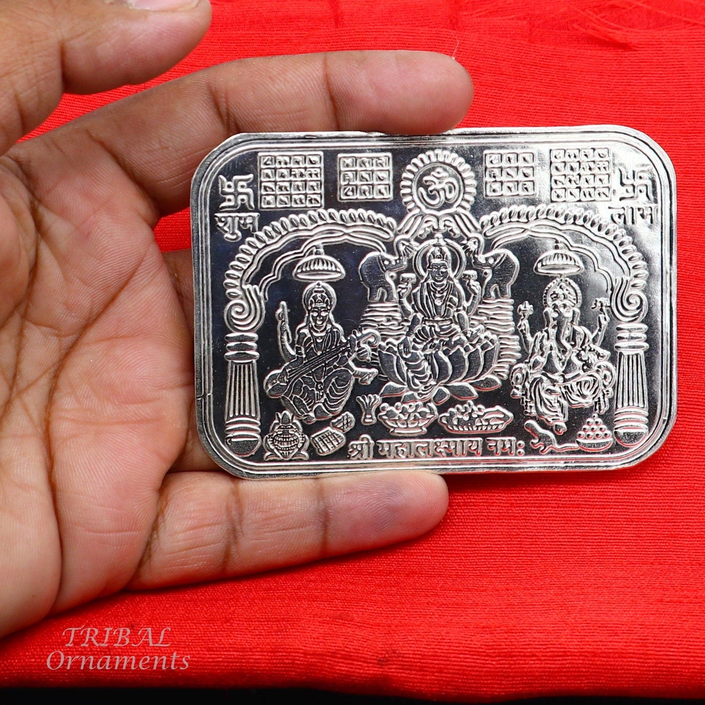 9x6.3 cm 925 sterling silver handmade Shree lakshmi frame Ganesha and Sarashwati silver holy divine article for wealth and prosperity su847 - TRIBAL ORNAMENTS