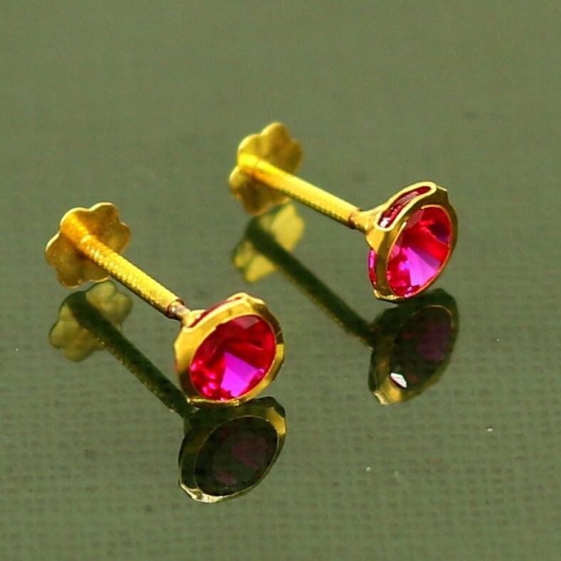 4mm 18k yellow gold handmade fabulous red cubic zircon stone excellent antique vintage design stud earrings pair unisex jewelry er114 - TRIBAL ORNAMENTS