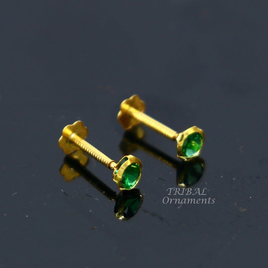 3mm 18k yellow gold handmade fabulous green cubic zircon stone excellent antique vintage design stud earrings pair unisex jewelry er156 - TRIBAL ORNAMENTS