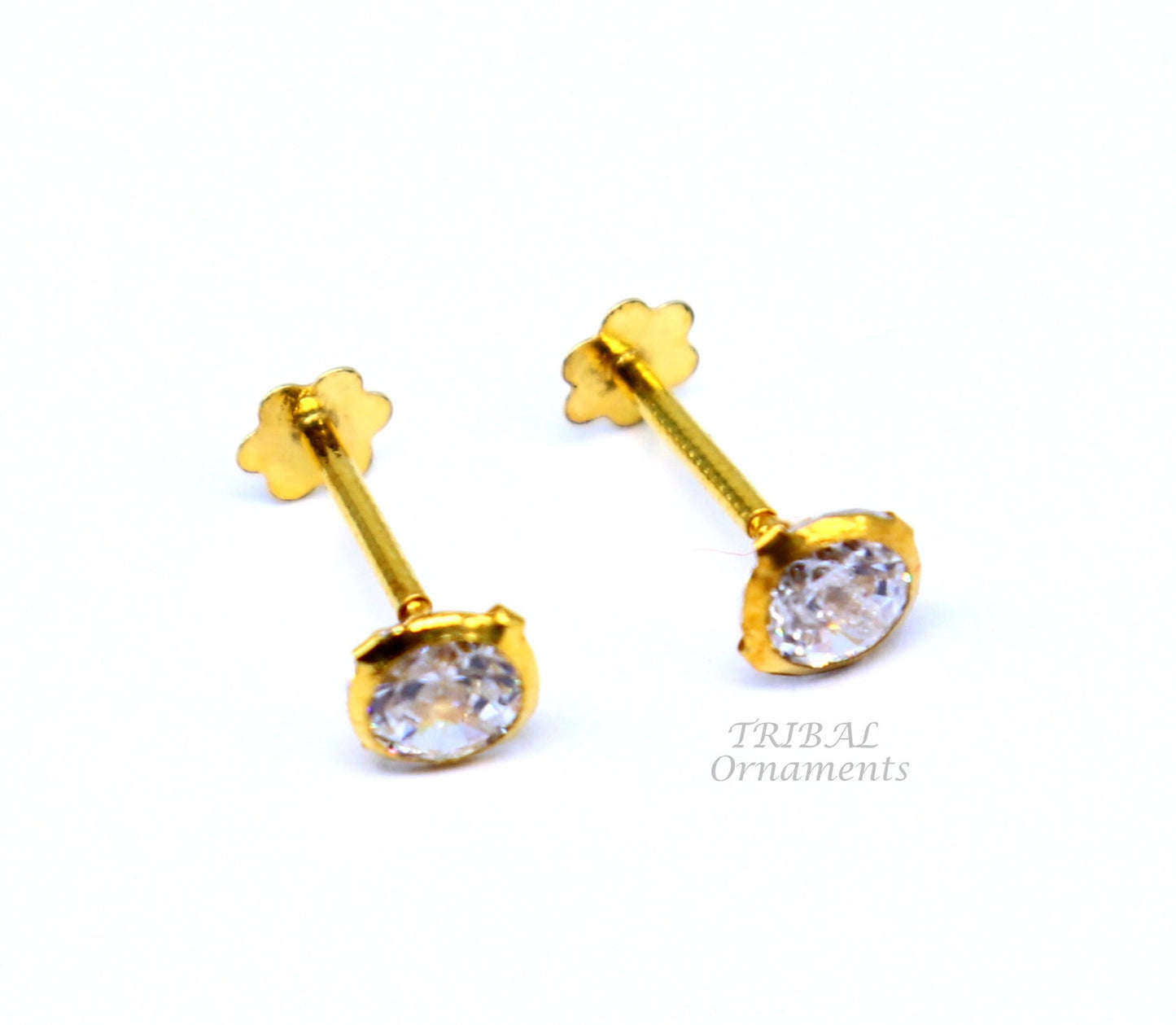 4mm 18k yellow gold handmade fabulous cubic zircon stone excellent antique vintage design stud earrings pair unisex jewelry er157 - TRIBAL ORNAMENTS