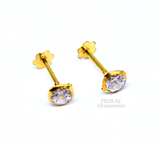 4mm 18k yellow gold handmade fabulous cubic zircon stone excellent antique vintage design stud earrings pair unisex jewelry er157 - TRIBAL ORNAMENTS