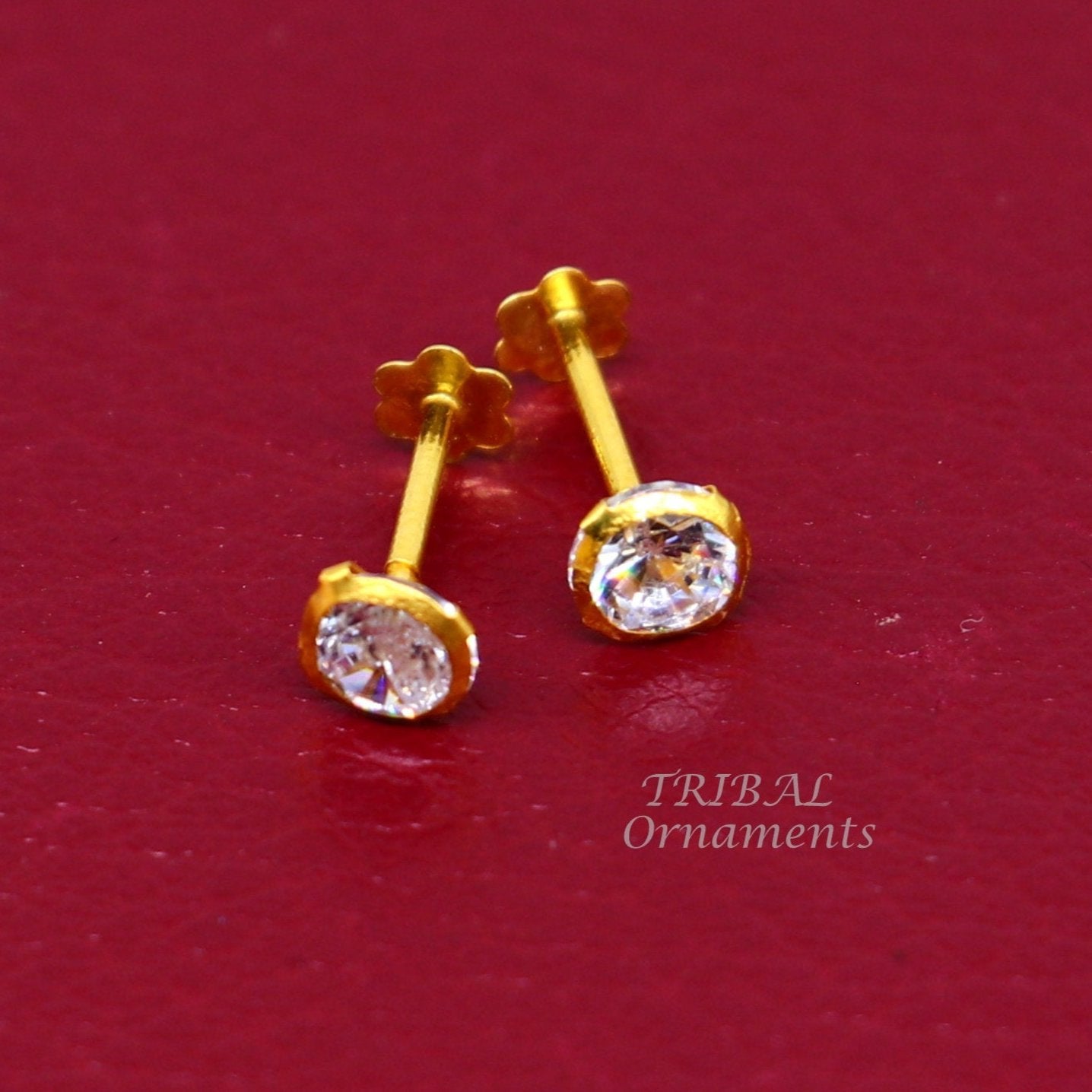 4mm 18k yellow gold handmade fabulous cubic zircon stone excellent antique vintage design stud earrings pair unisex jewelry er157 - TRIBAL ORNAMENTS