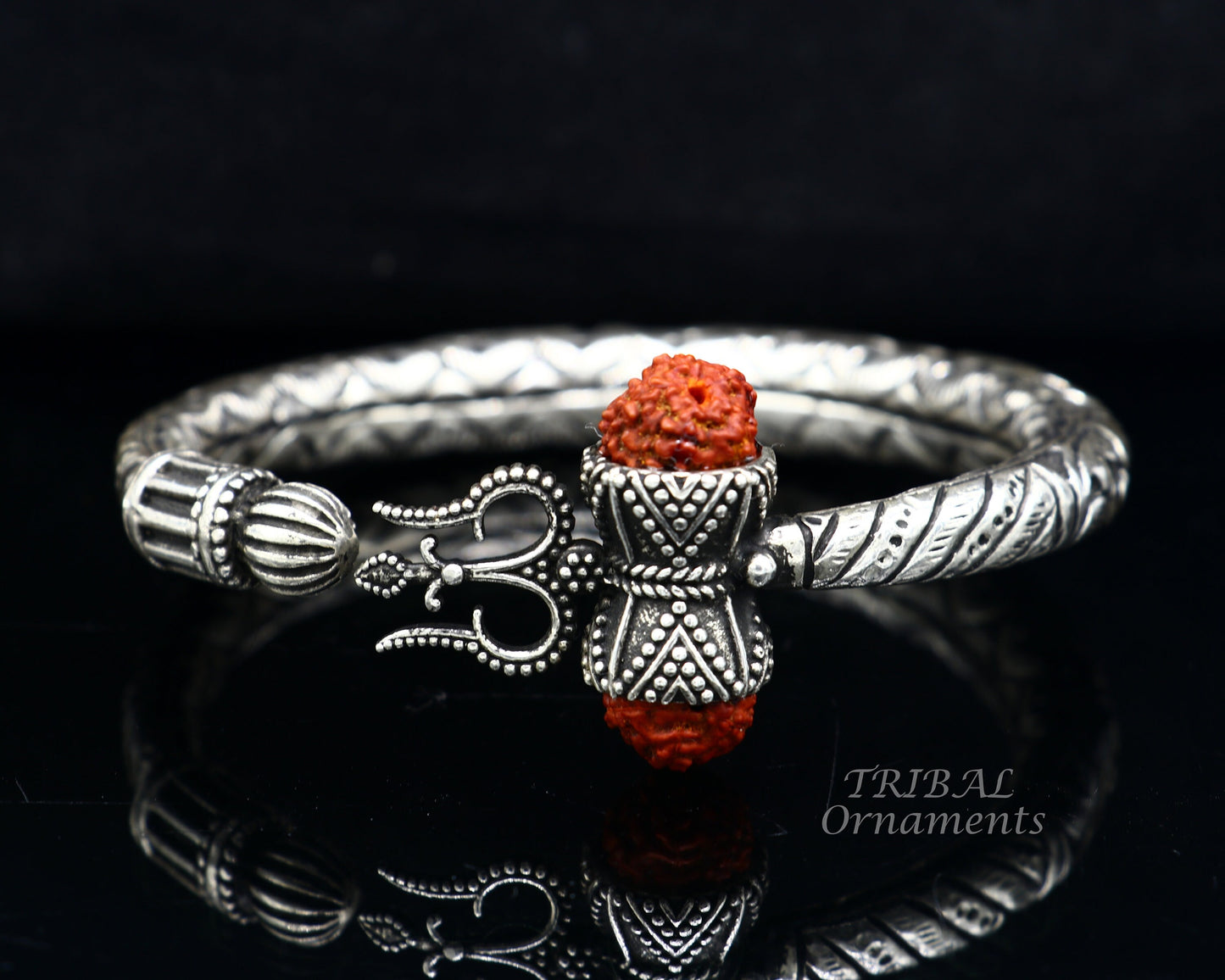 925 Sterling silver handmade chitai work Lord Shiva trident trishul kada bangle bracelet with natural Rudraksha customized kada nsk513 - TRIBAL ORNAMENTS