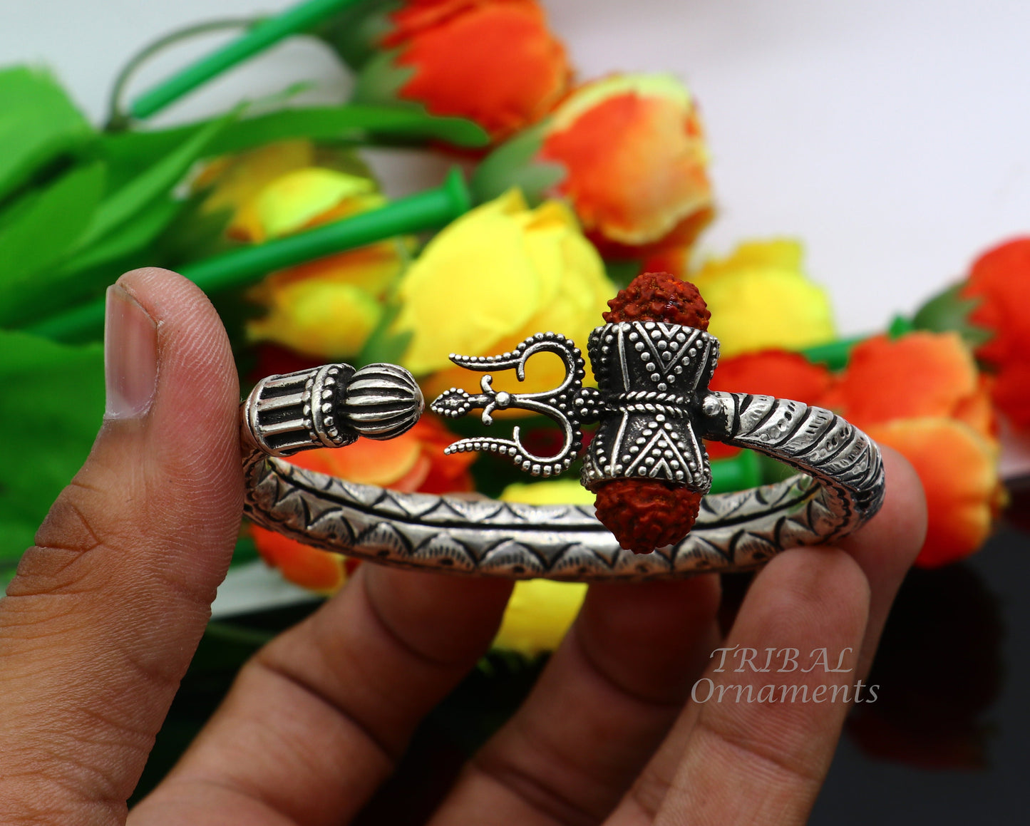 925 Sterling silver handmade chitai work Lord Shiva trident trishul kada bangle bracelet with natural Rudraksha customized kada nsk513 - TRIBAL ORNAMENTS