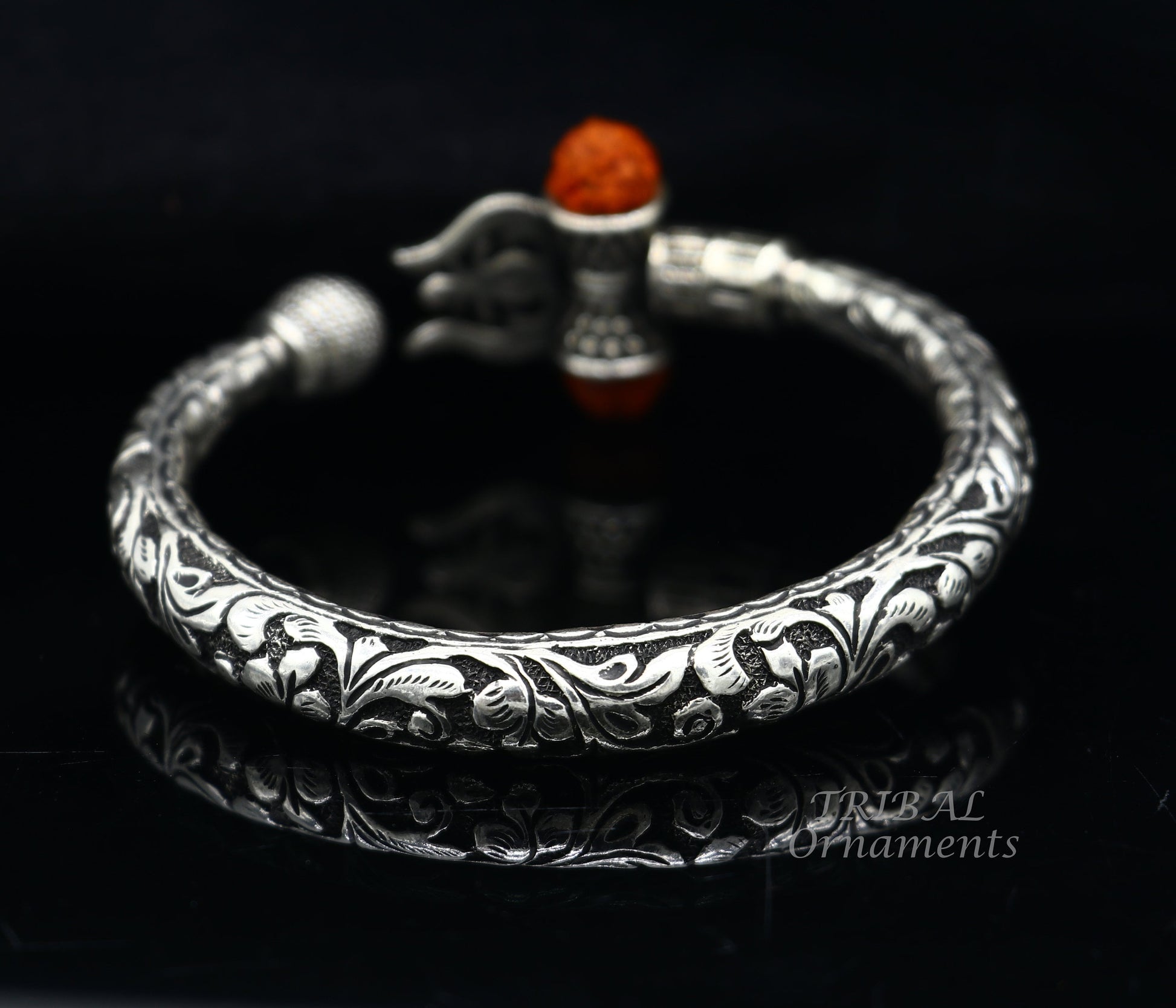925 Sterling silver handmade chitai work Lord Shiva trident trishul kada bangle bracelet with natural Rudraksha customized kada nsk514 - TRIBAL ORNAMENTS