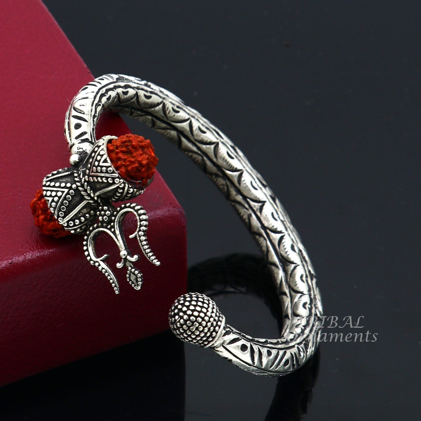 925 Sterling silver handmade chitai work Lord Shiva trident trishul kada bangle bracelet with natural Rudraksha customized kada NSK517 - TRIBAL ORNAMENTS