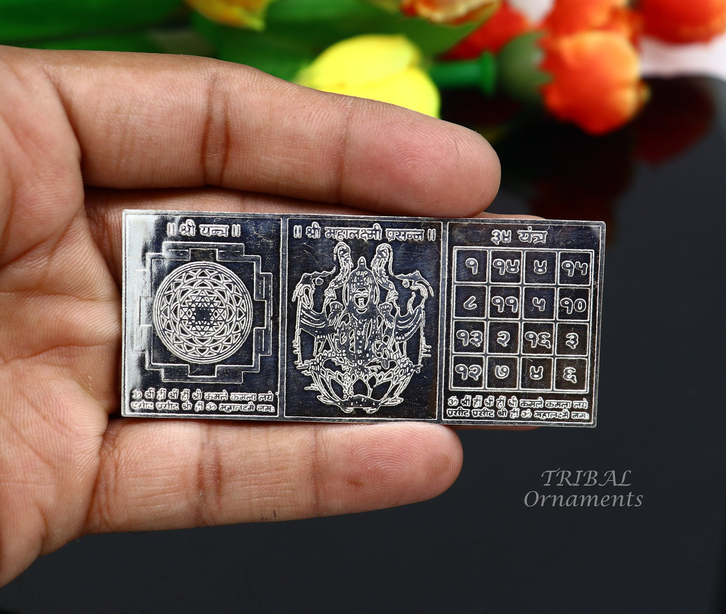 925 sterling silver handmade Shree Mahalakshmi prasanna frame silver holy divine article for wealth and prosperity diwali puja art su829 - TRIBAL ORNAMENTS