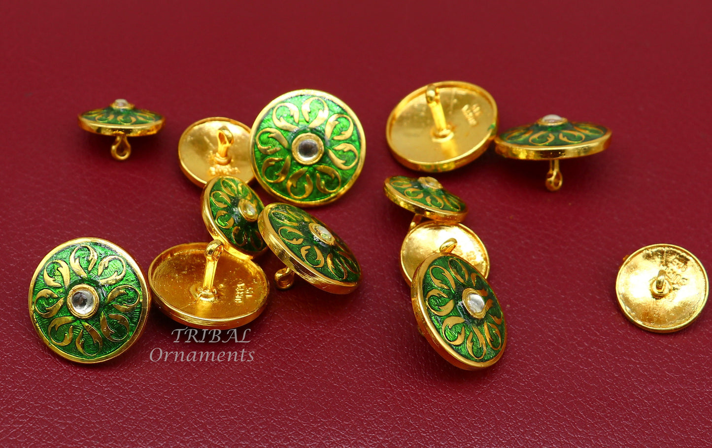 Green color enamel 925 Sterling silver handcrafted design buttons set of 13 pc for men's coat or suit, best jewelry for all occasions btn24 - TRIBAL ORNAMENTS