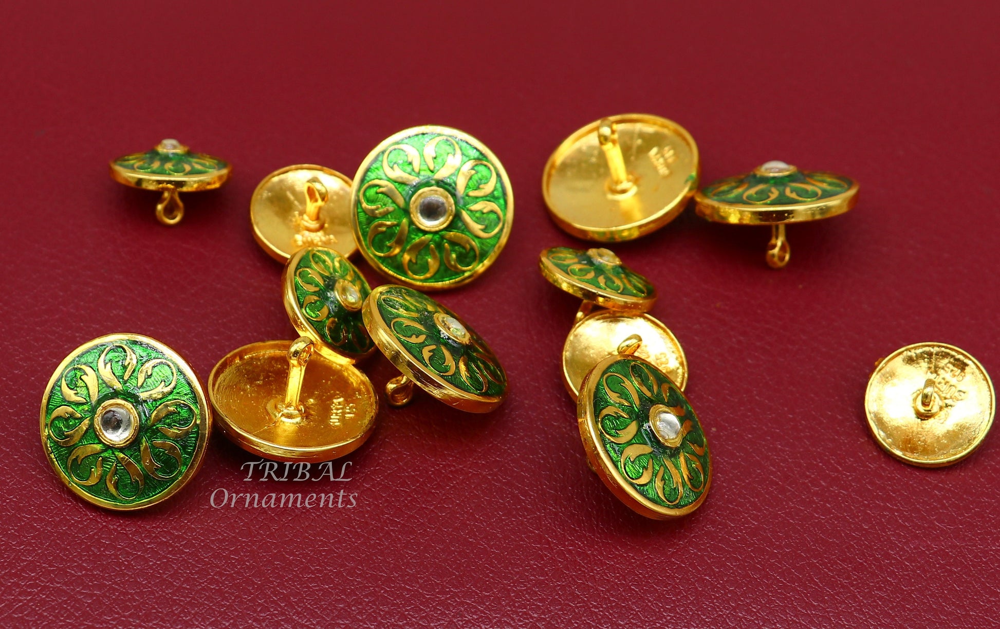 Green color enamel 925 Sterling silver handcrafted design buttons set of 13 pc for men's coat or suit, best jewelry for all occasions btn24 - TRIBAL ORNAMENTS