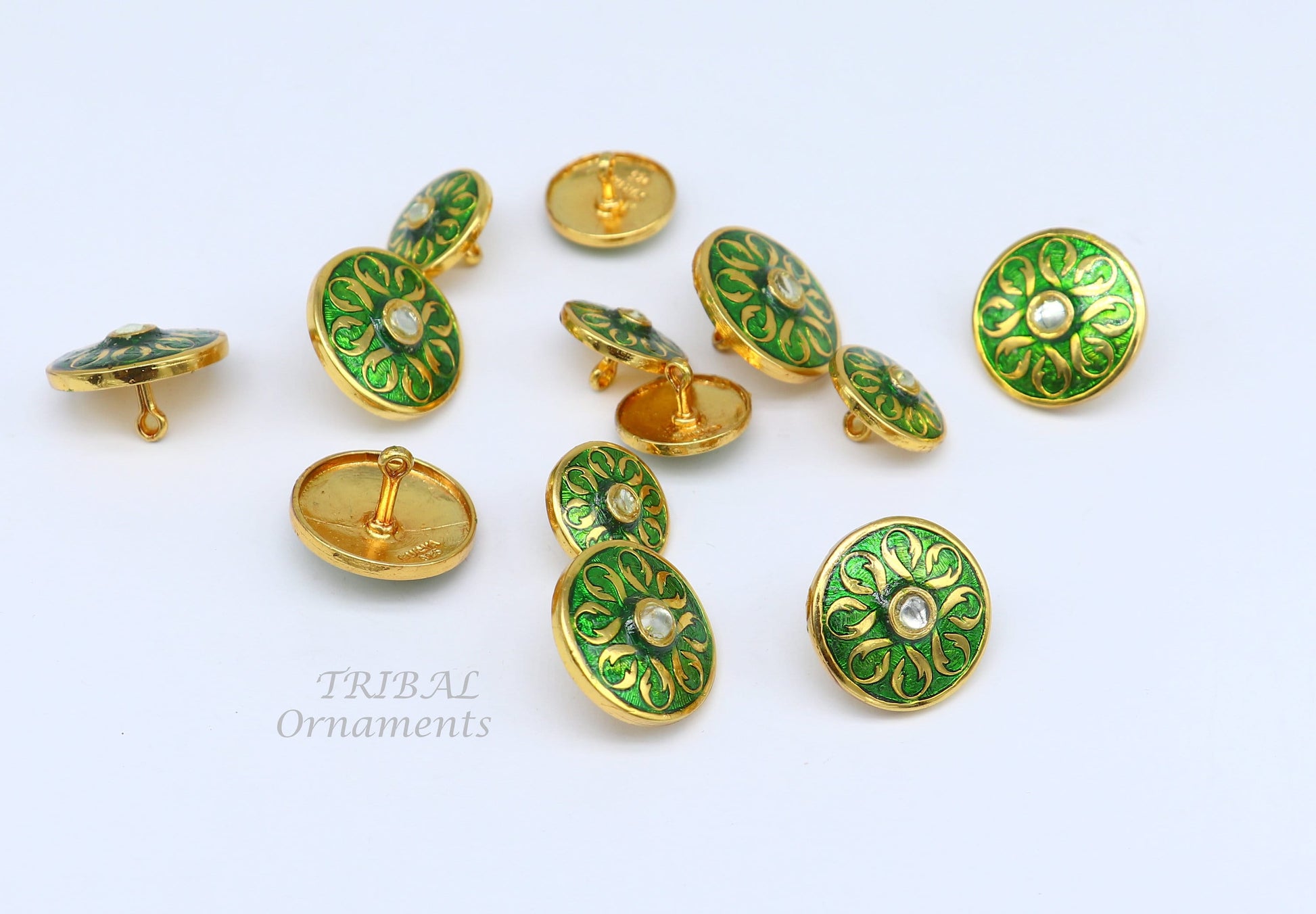 Green color enamel 925 Sterling silver handcrafted design buttons set of 13 pc for men's coat or suit, best jewelry for all occasions btn24 - TRIBAL ORNAMENTS