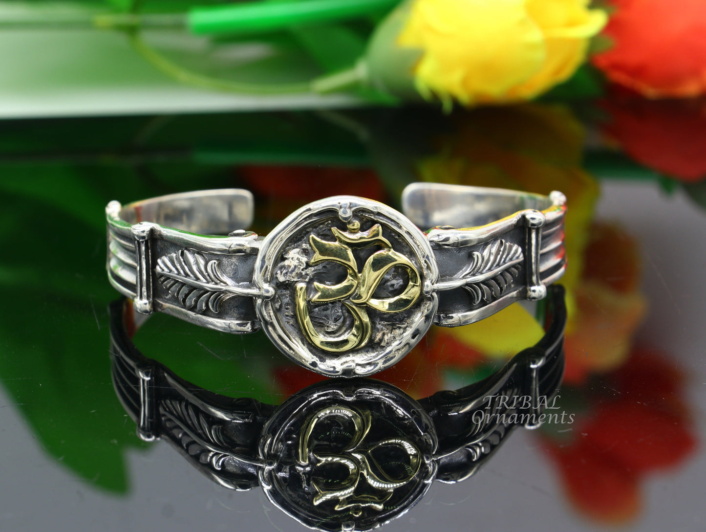 925 sterling silver vintage antique design handmade chitai work Aum design adjustable bangle bracelet kada customized jewelry cuff101 - TRIBAL ORNAMENTS
