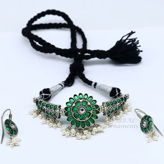 925 sterling silver handmade Amazing green stone luxury designer necklace choker, best belly dance Guttapusalu necklace jewelry set467 - TRIBAL ORNAMENTS