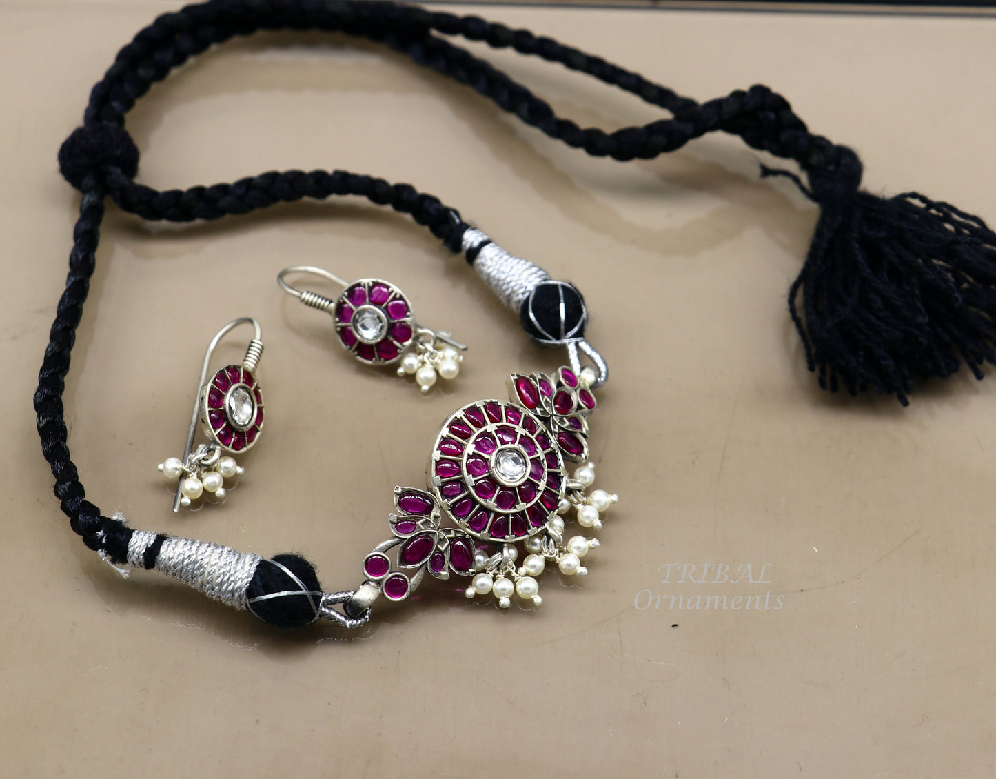 Vintage style red stone with hanging pearls necklace 925 sterling silver customized guttapusalu necklace set adjustable back thread set470 - TRIBAL ORNAMENTS
