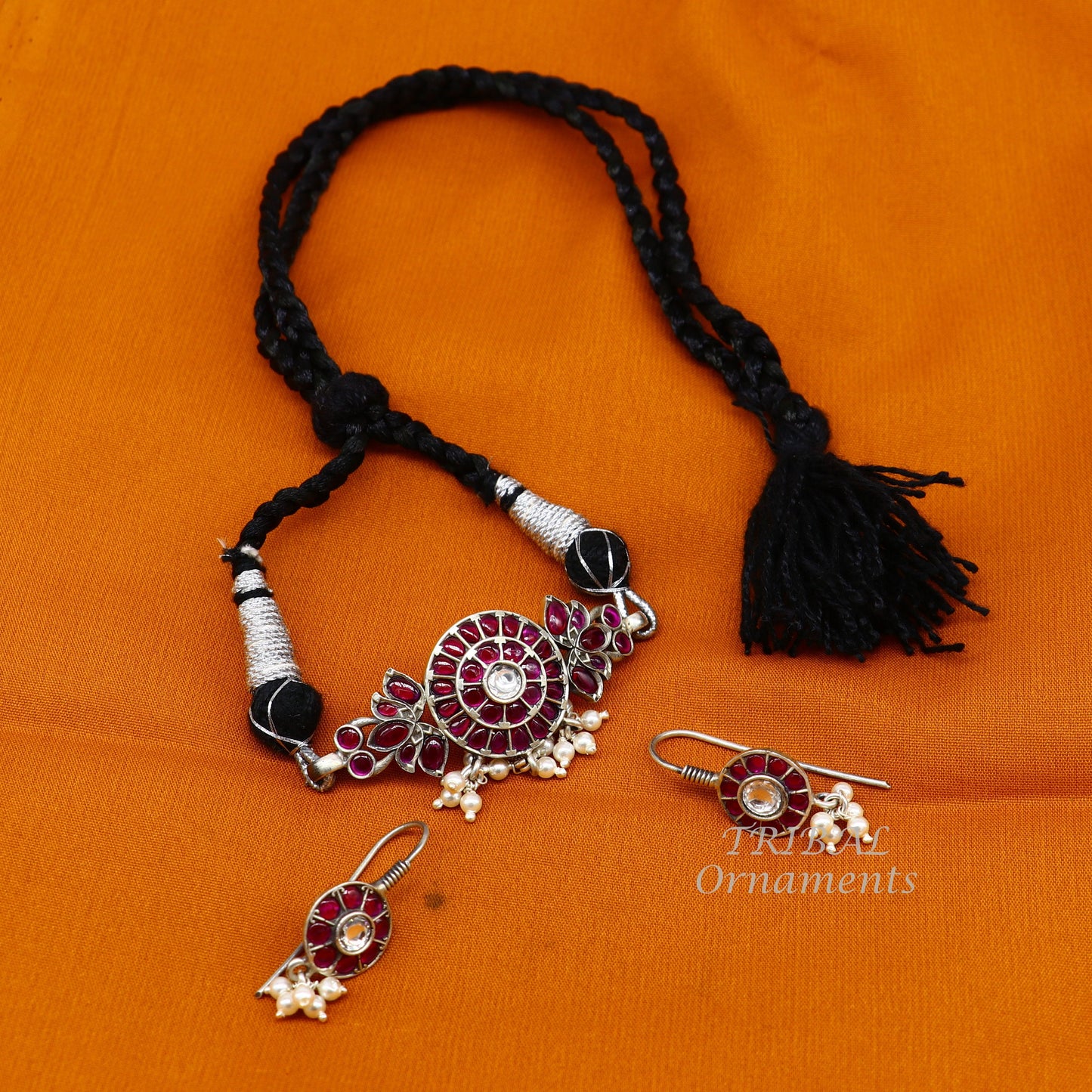 Vintage style red stone with hanging pearls necklace 925 sterling silver customized guttapusalu necklace set adjustable back thread set470 - TRIBAL ORNAMENTS