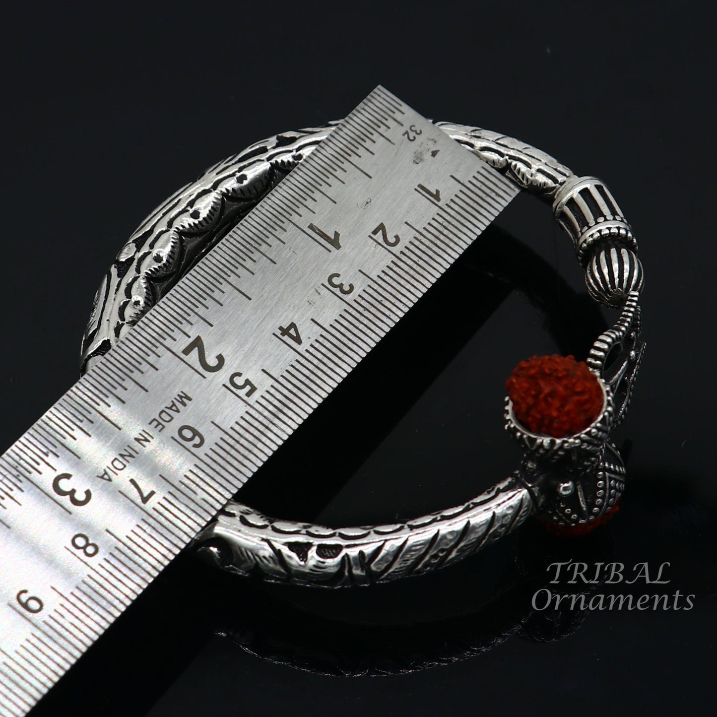 925 Sterling silver handmade chitai work Lord Shiva trident trishul kada bangle bracelet with natural Rudraksha customized kada nsk513 - TRIBAL ORNAMENTS