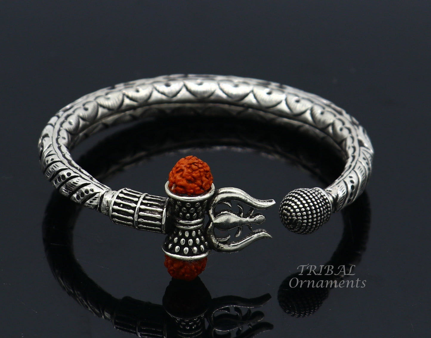 925 Sterling silver handmade chitai work Lord Shiva trident trishul kada bangle bracelet with natural Rudraksha customized kada nsk514 - TRIBAL ORNAMENTS