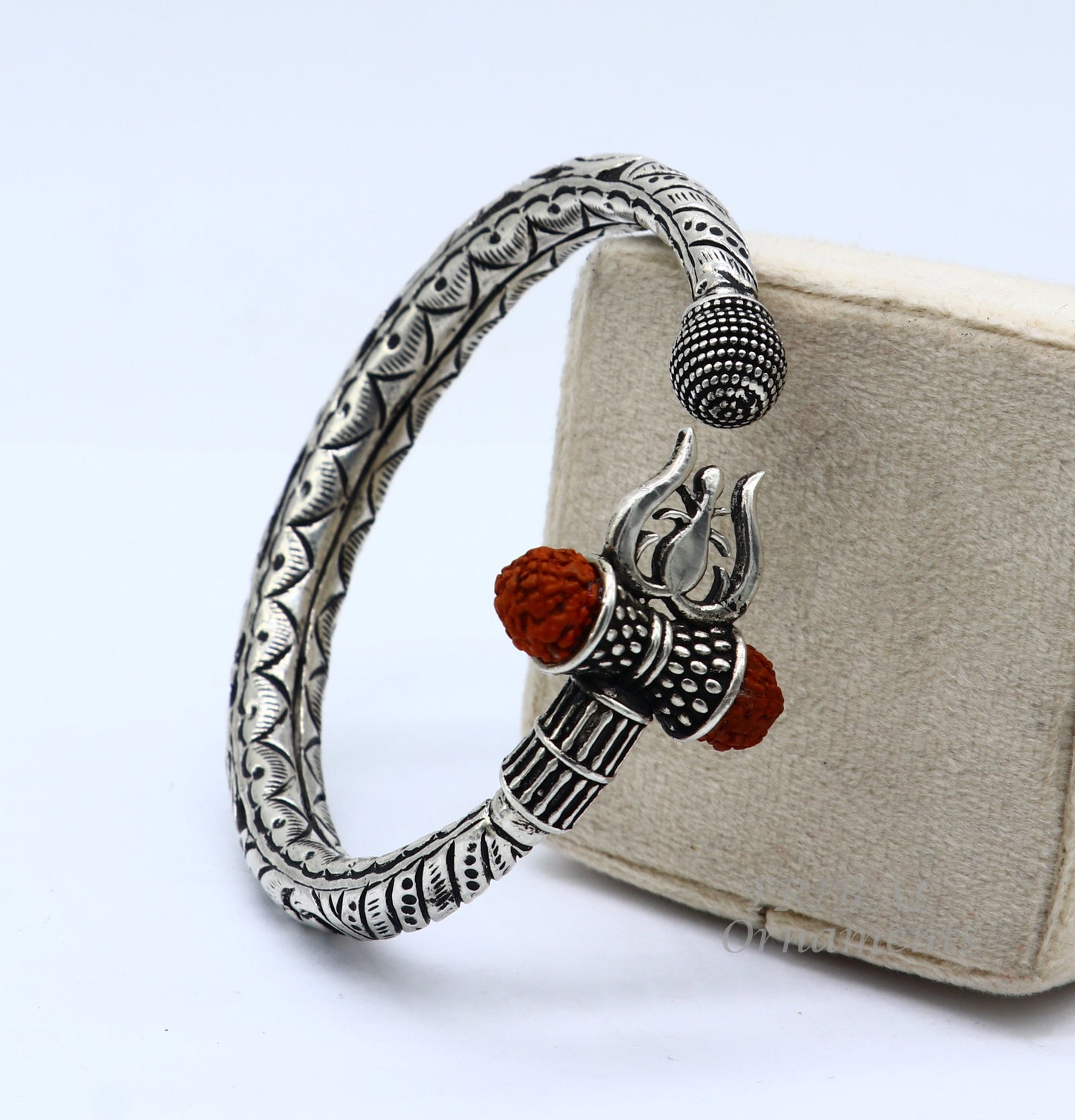 925 Sterling silver handmade chitai work Lord Shiva trident trishul kada bangle bracelet with natural Rudraksha customized kada nsk514 - TRIBAL ORNAMENTS