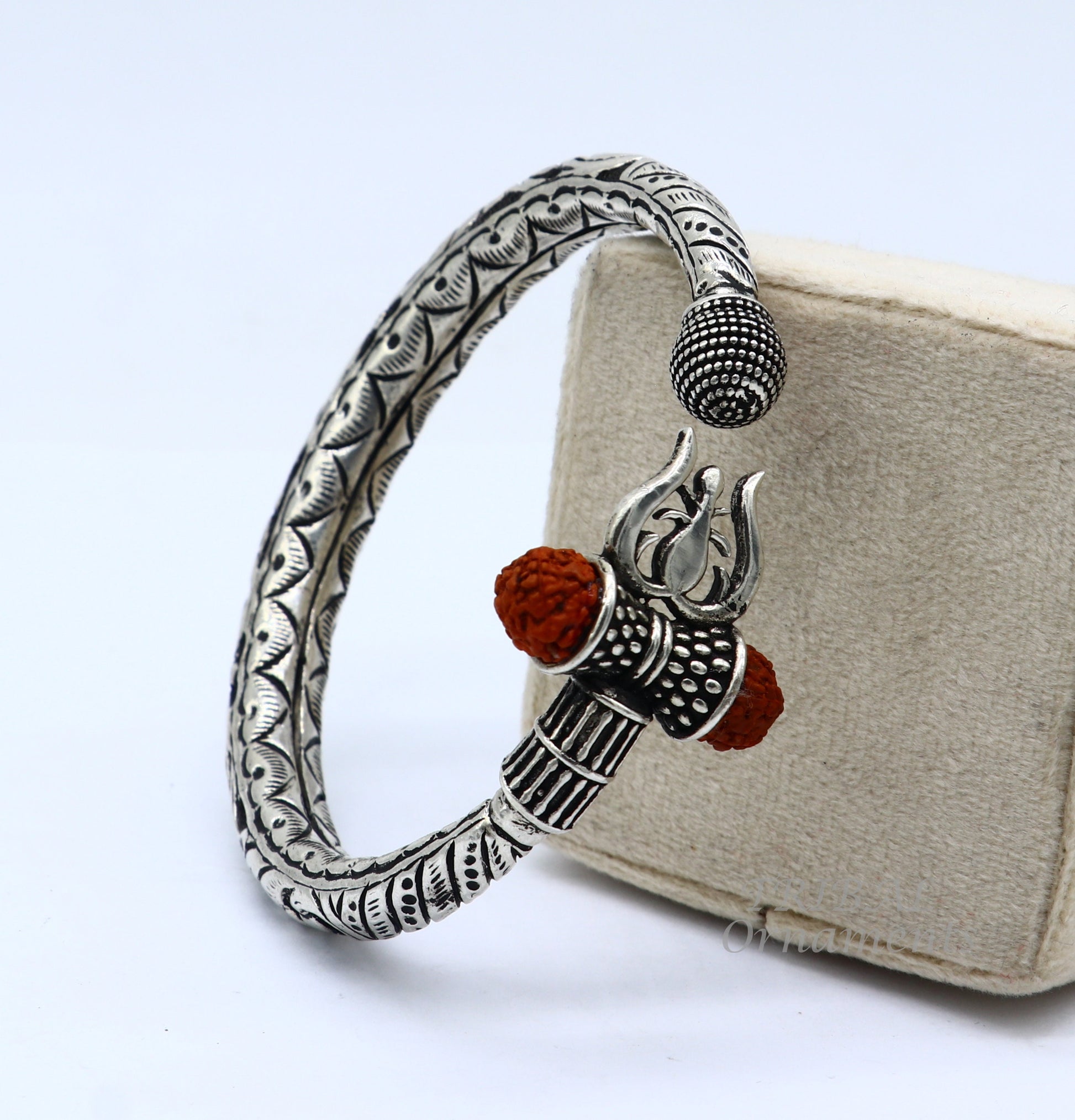 925 Sterling silver handmade chitai work Lord Shiva trident trishul kada bangle bracelet with natural Rudraksha customized kada nsk514 - TRIBAL ORNAMENTS