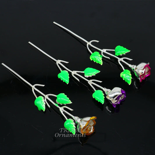 Solid sterling silver handmade small Rose flower puja god temple article, excellent three color enamel silver worshipping articles su850 - TRIBAL ORNAMENTS