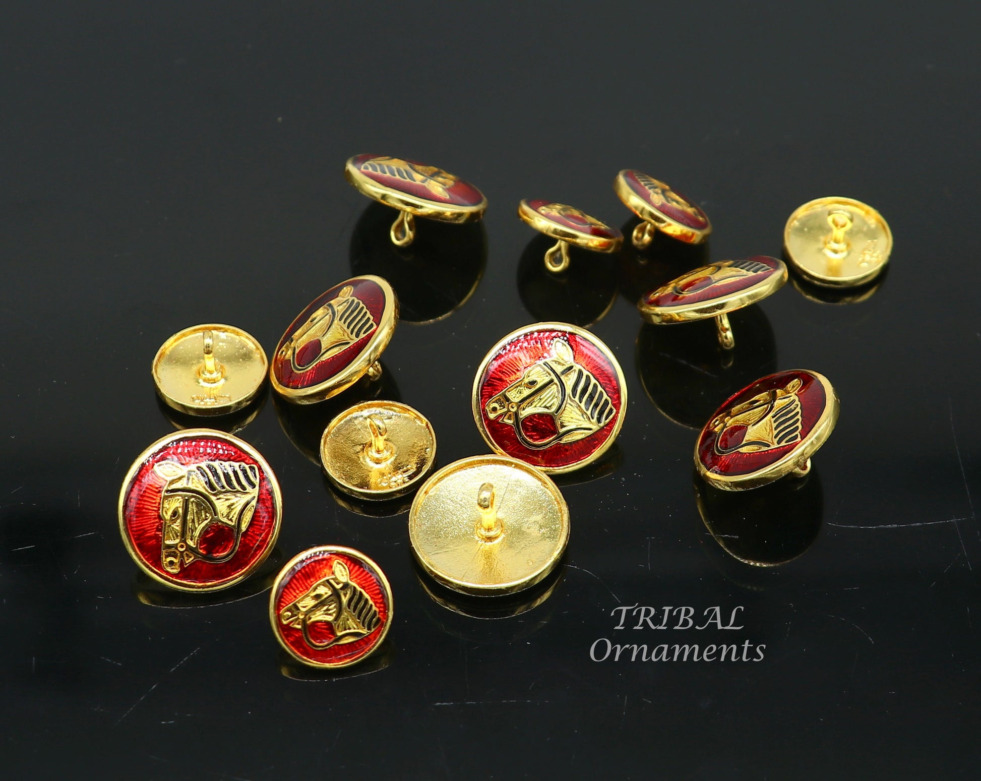 Red enamel horse design 925 Sterling silver handcrafted buttons set of 13 pc for men's coat or suit, best jewelry for all occasions btn25 - TRIBAL ORNAMENTS