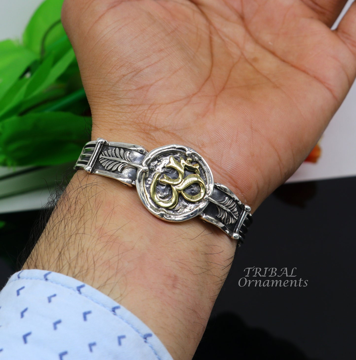925 sterling silver vintage antique design handmade chitai work Aum design adjustable bangle bracelet kada customized jewelry cuff101 - TRIBAL ORNAMENTS