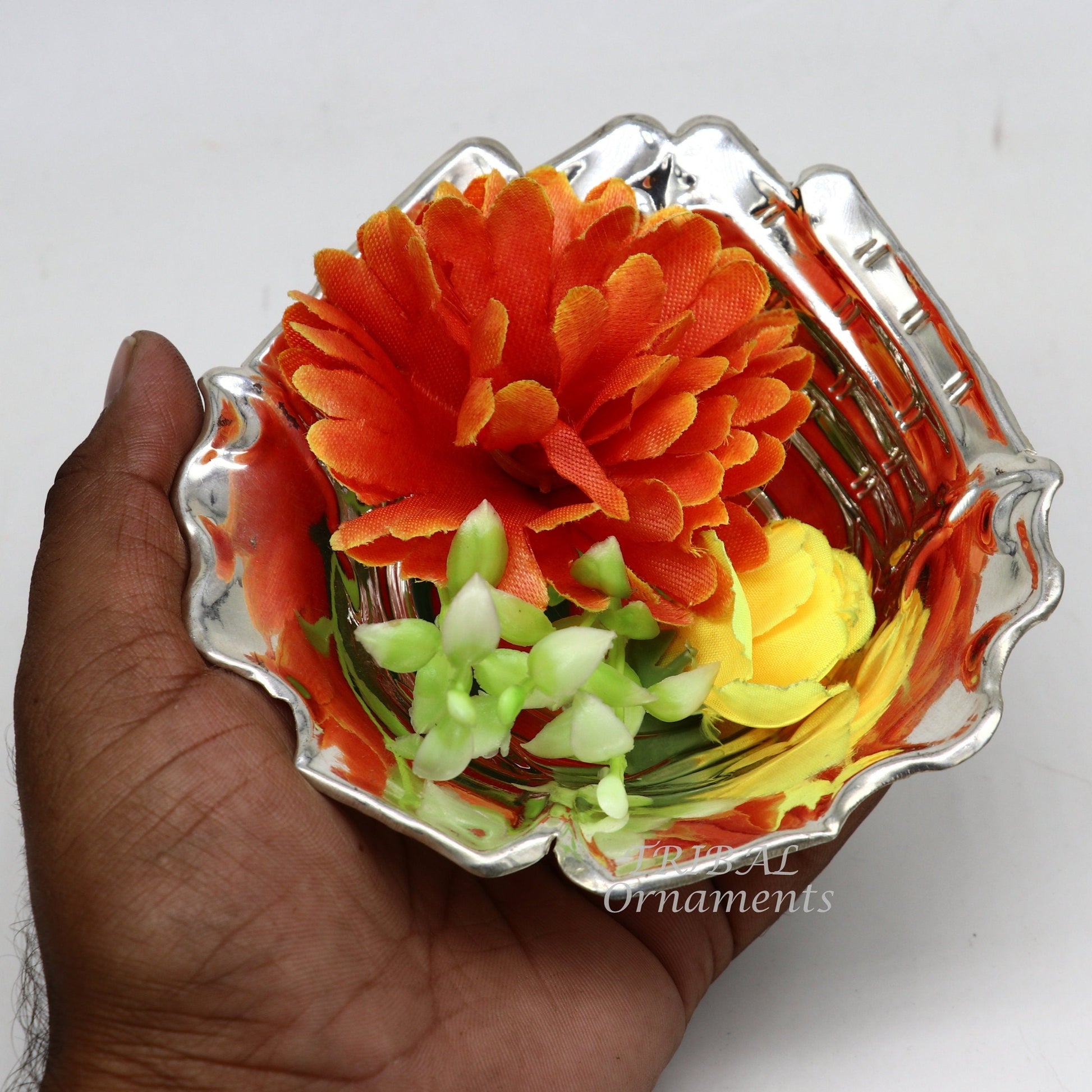 999 fine silver customized palm design prasadam bowl, puja utensils, worshipping article, silver Idols serving bowl temple article su858 - TRIBAL ORNAMENTS