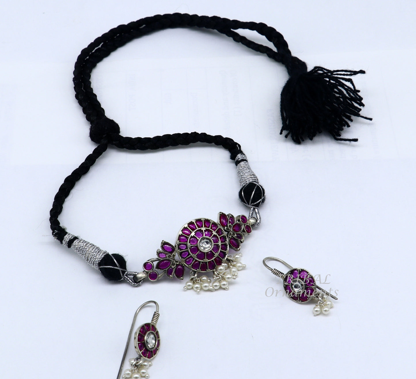 Vintage style red stone with hanging pearls necklace 925 sterling silver customized guttapusalu necklace set adjustable back thread set470 - TRIBAL ORNAMENTS