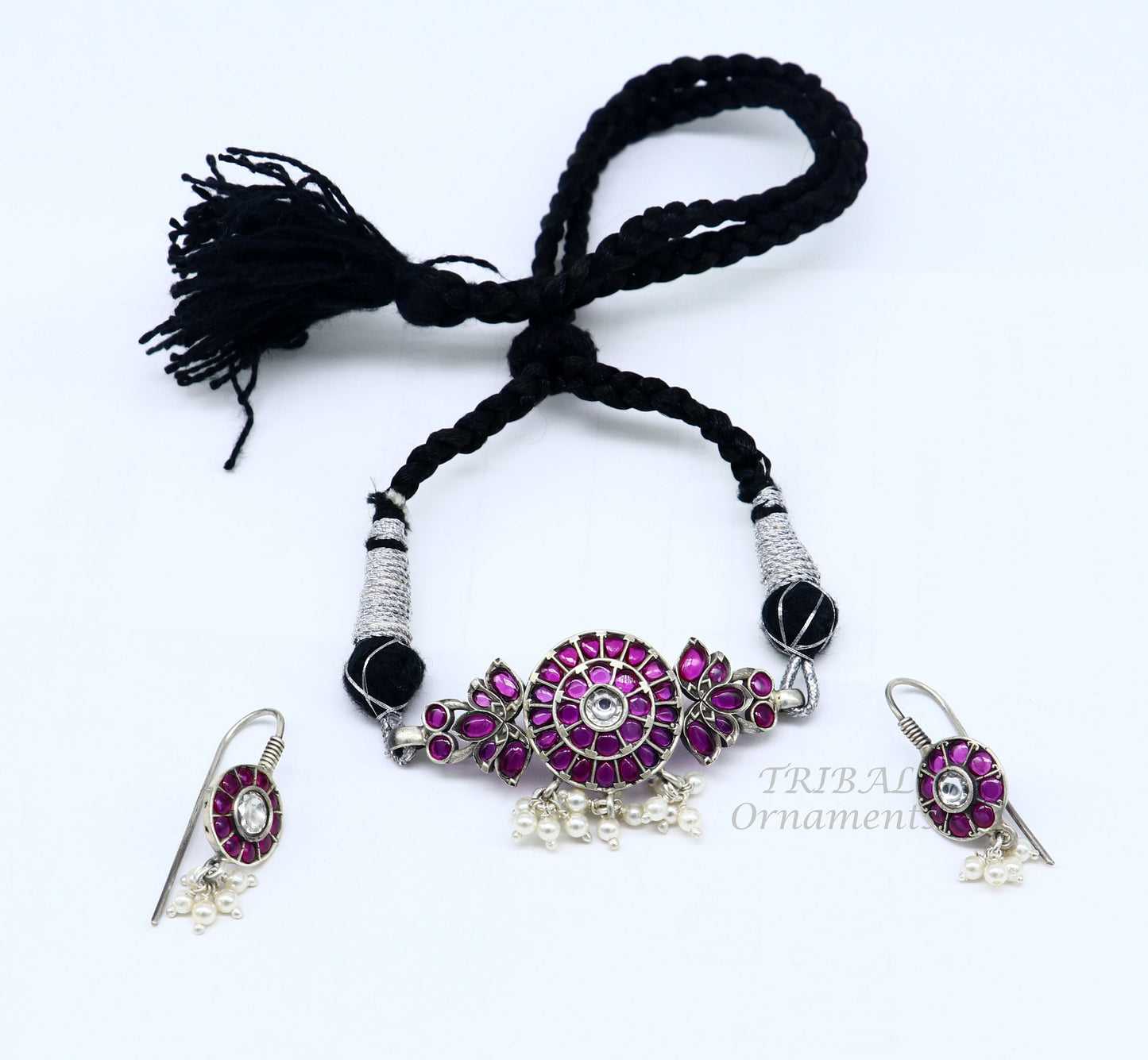Vintage style red stone with hanging pearls necklace 925 sterling silver customized guttapusalu necklace set adjustable back thread set470 - TRIBAL ORNAMENTS