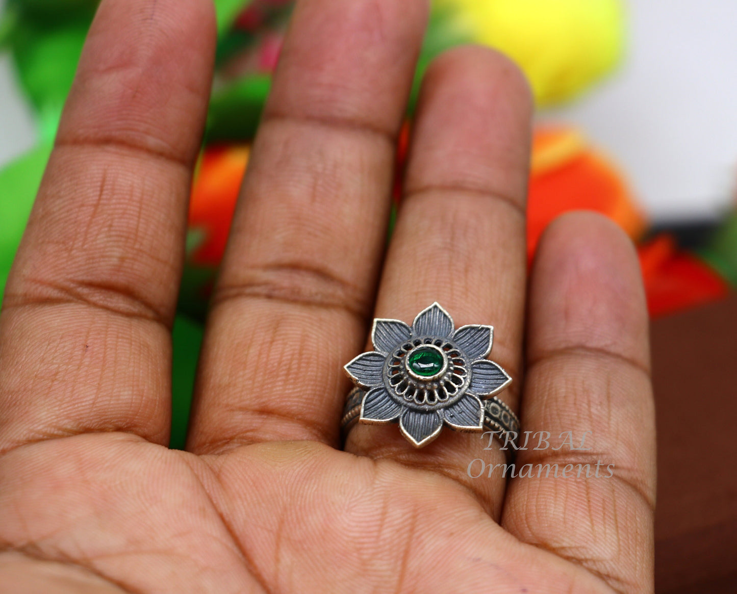 floral design 925 sterling solid silver fabulous craftsmanship vintage design tribal adjustable ring band for women Rajasthan India SR334 - TRIBAL ORNAMENTS