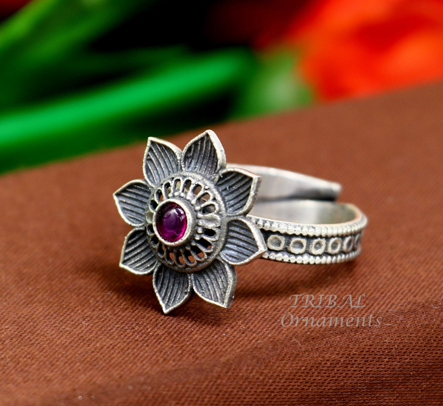 floral design 925 sterling solid silver fabulous craftsmanship vintage design tribal adjustable ring band for women Rajasthan India SR333 - TRIBAL ORNAMENTS