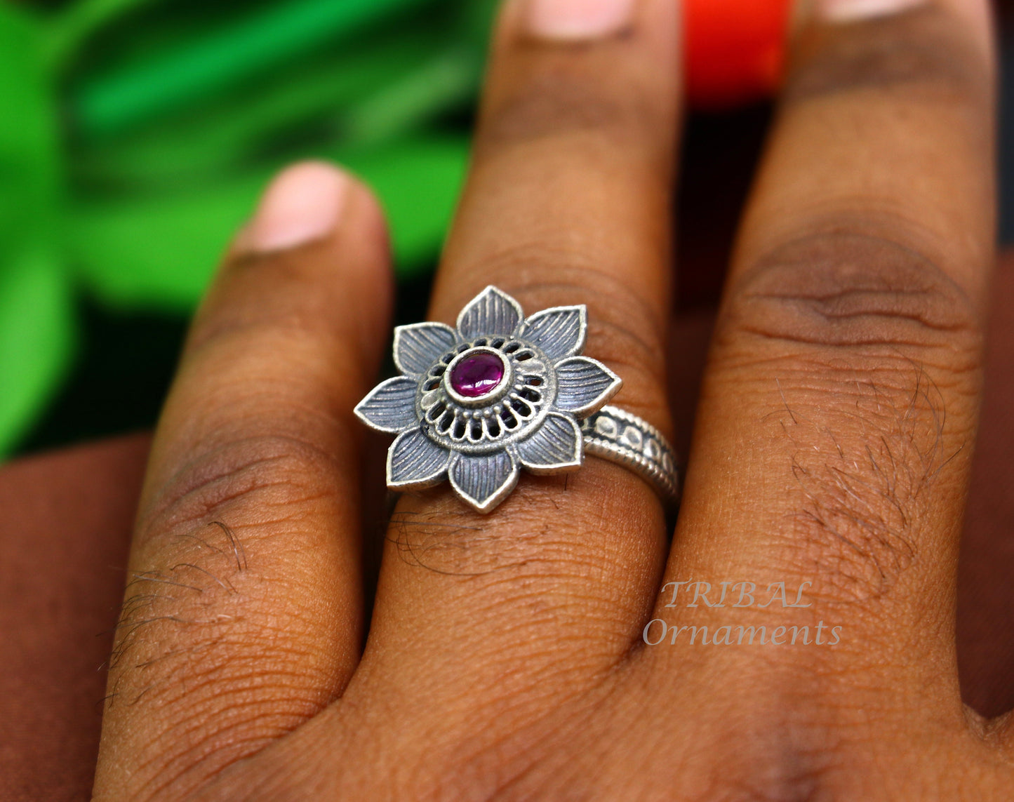 floral design 925 sterling solid silver fabulous craftsmanship vintage design tribal adjustable ring band for women Rajasthan India SR333 - TRIBAL ORNAMENTS