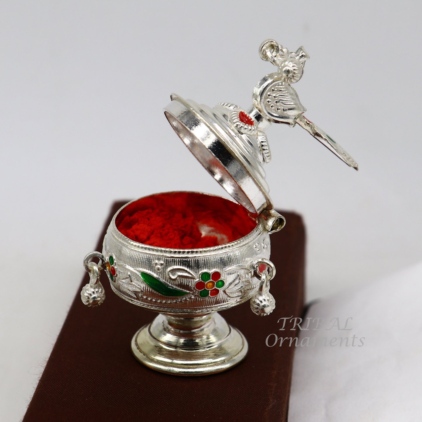 925 sterling silver vintage peacock design handmade brides eyes kajal box, surma box, kumkum sindur box, small trinket box article stb396 - TRIBAL ORNAMENTS