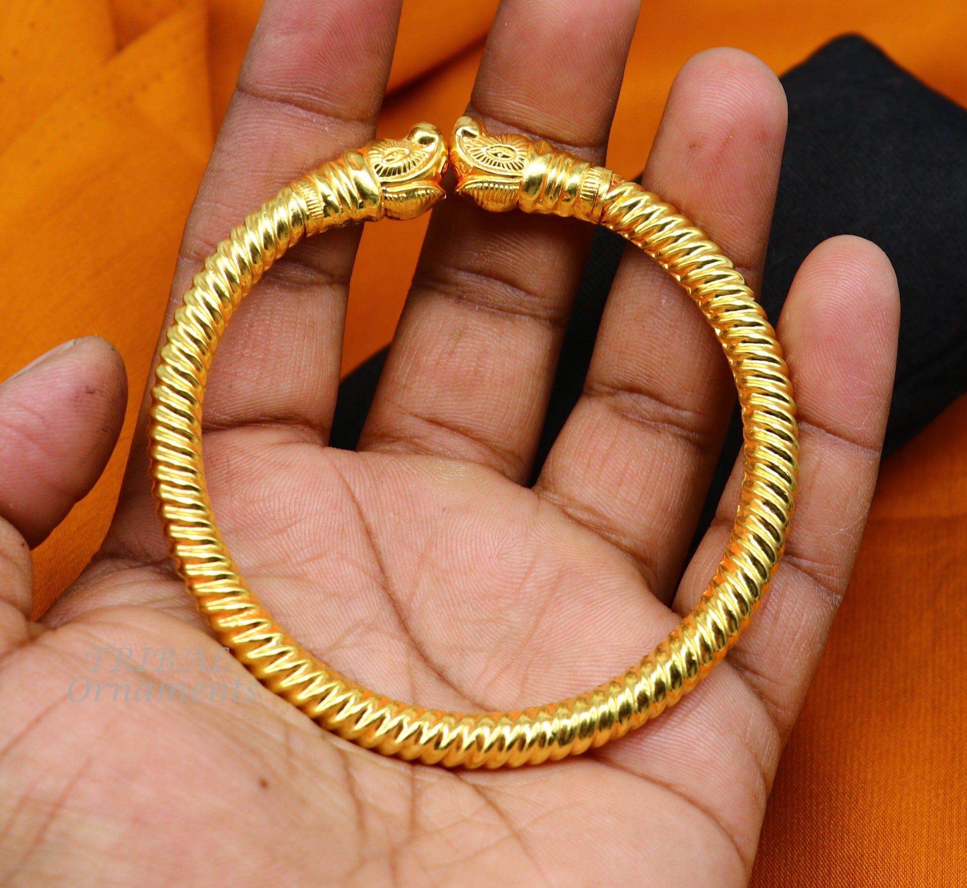 22 kt yellow gold handmade customized vintage elephant design stylish kada bangle bracelet, best gifting for wedding anniversary gift gk02 - TRIBAL ORNAMENTS