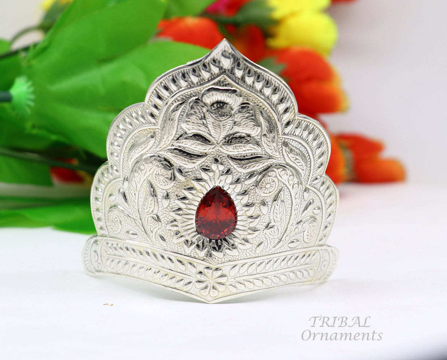 925 sterling silver vintage antique design handmade mukut (crown), amazing design silver god crown home temple god art su871 - TRIBAL ORNAMENTS