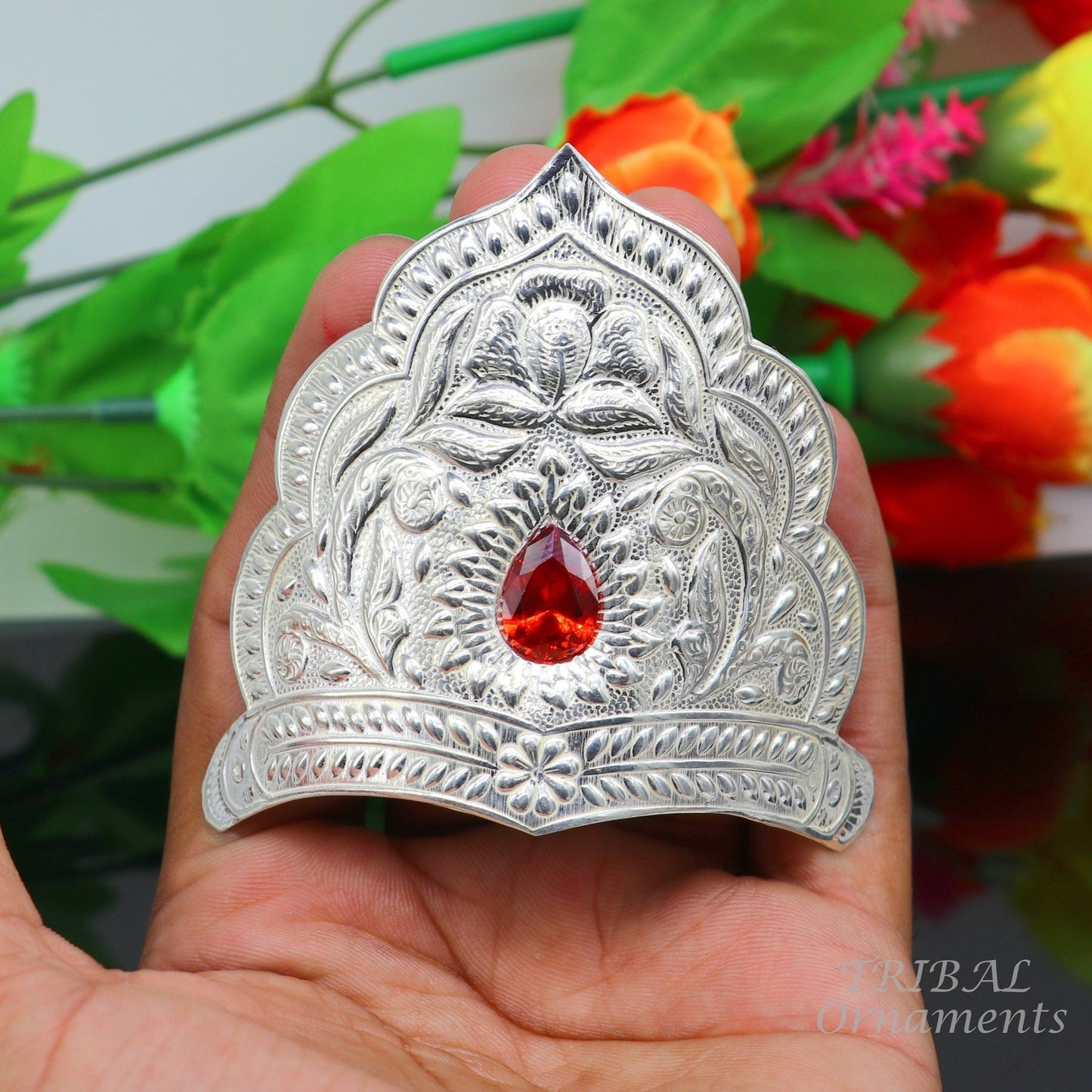925 sterling silver vintage antique design handmade mukut (crown), amazing design silver god crown home temple god art su871 - TRIBAL ORNAMENTS