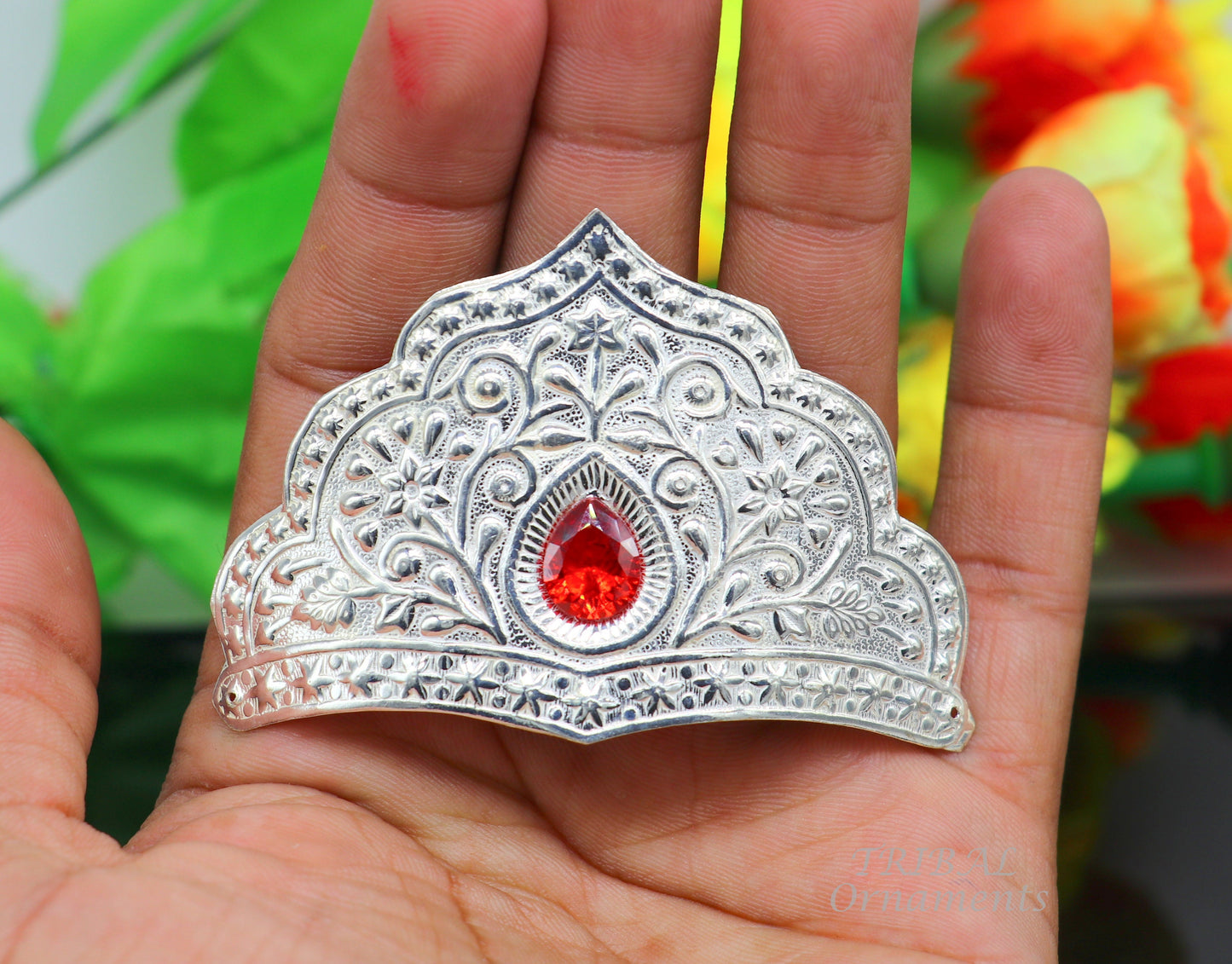 925 sterling silver vintage antique design handmade mukut (crown), amazing peacock design silver god crown home temple god art su872 - TRIBAL ORNAMENTS